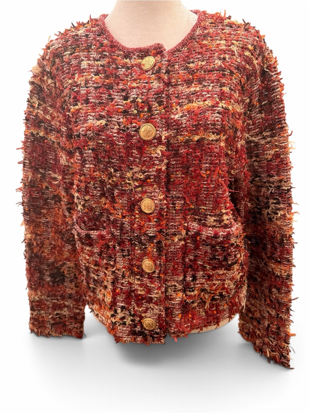 Zara Red Multi-Color Tweed Button-Front Cardigan With Gold Buttons Size M